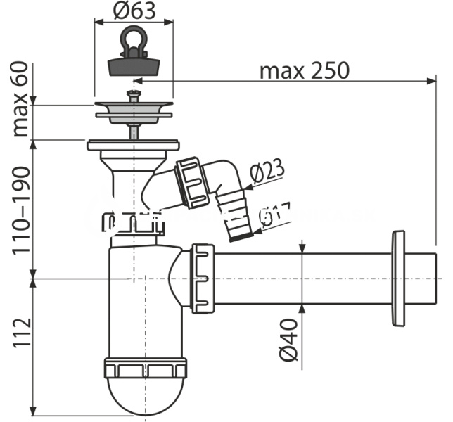 Alcadrain Sifón umývadlový DN40 s prípojkou a nerezovou mriežkou DN63 A41P