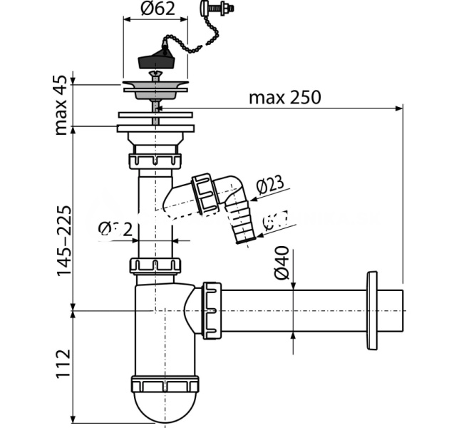 Alcadrain Sifón umývadlový DN40 s prípojkou a nerezovou mriežkou DN63, retiazka A41PR