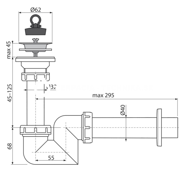 Alcadrain Sifón umývadlový „S“ DN40 s nerezovou mriežkou DN63 A412-DN40